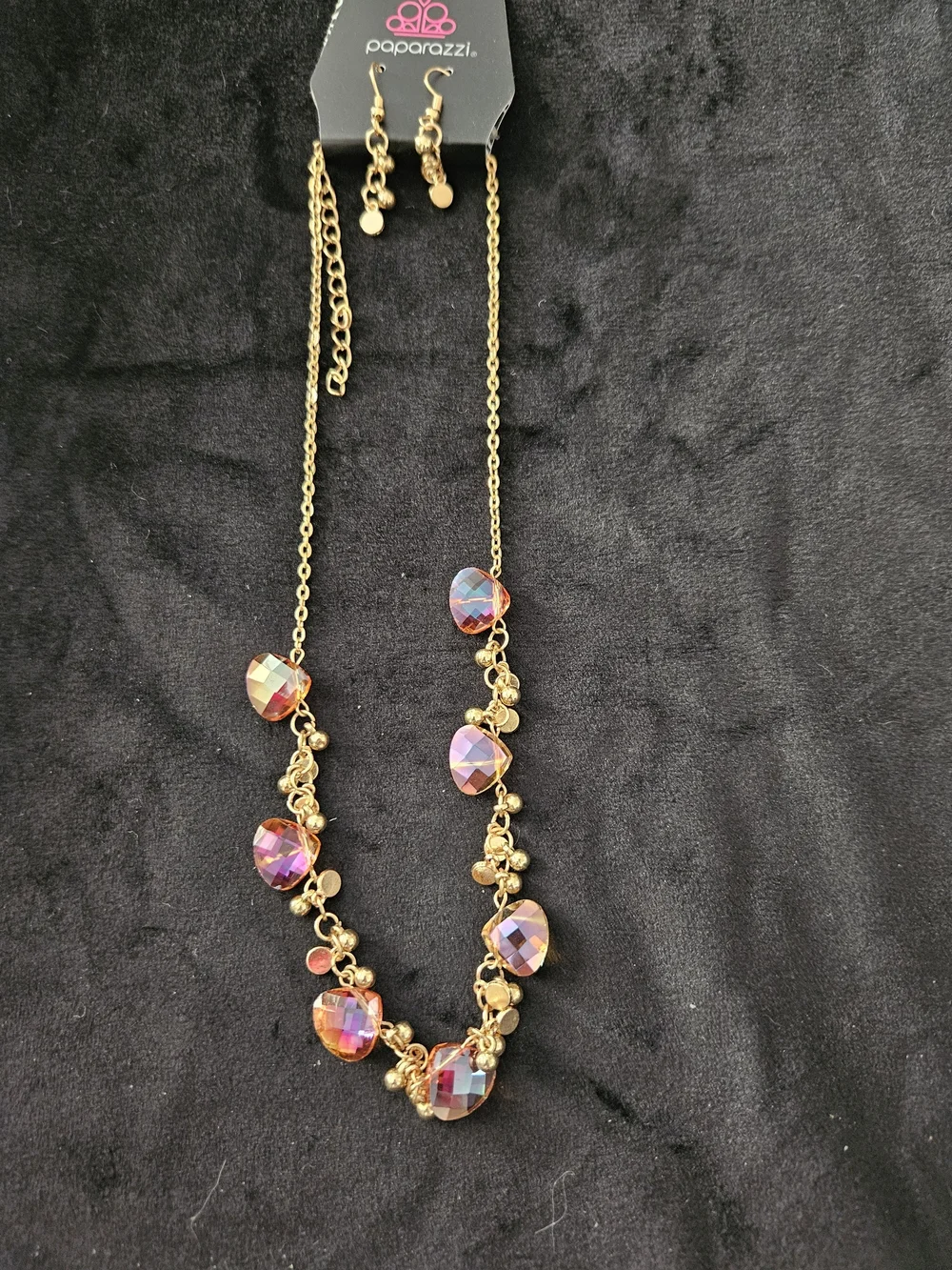 paparazzi Gold-Tone Necklace & Earring Set with Iridescent Pink Gems